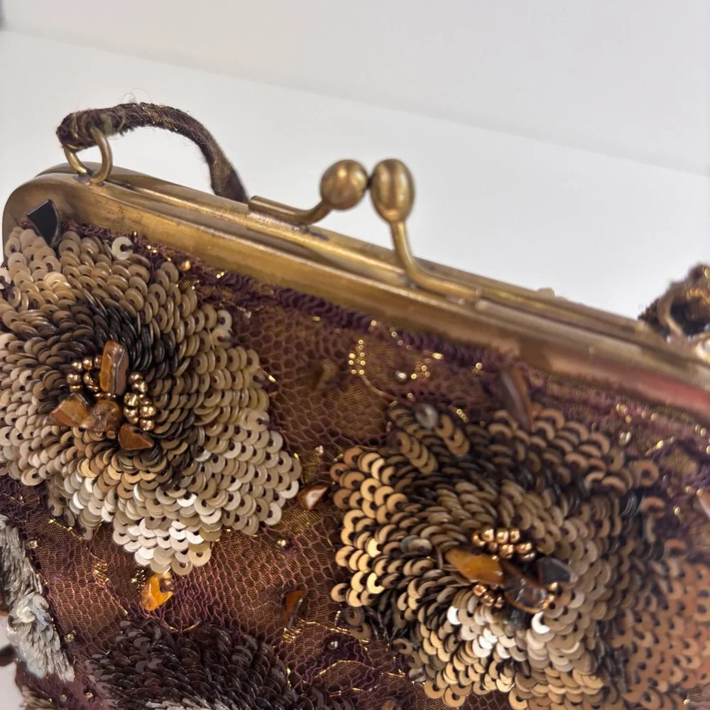 SANTI Y2K Brown Silk Beaded Sequin Tiger’s Eye Evening Luxury Hand Bag‎